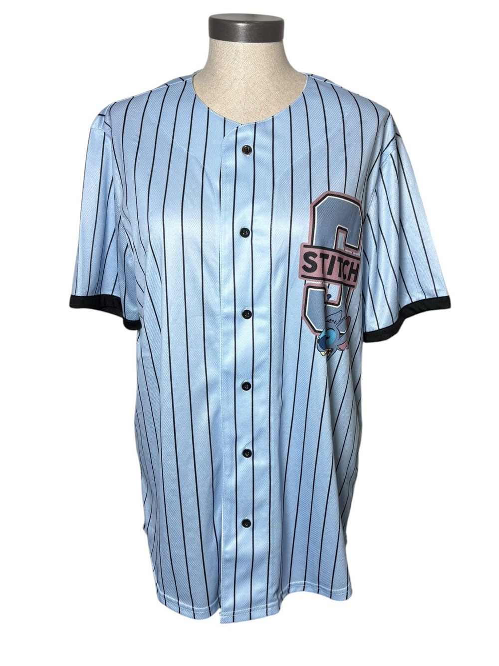 Disney Stitch Baseball Jersey Medium Blue Pinstripe Lilo & Stitch Graphic